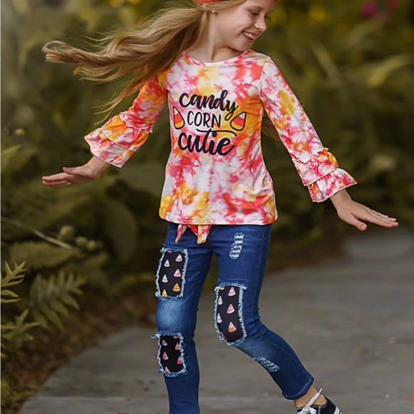 NEW Girls Sz 6 Orange 'Candy Corn Cutie' Flare-Sleeve Top Jeans Fall Halloween - Picture 3 of 10